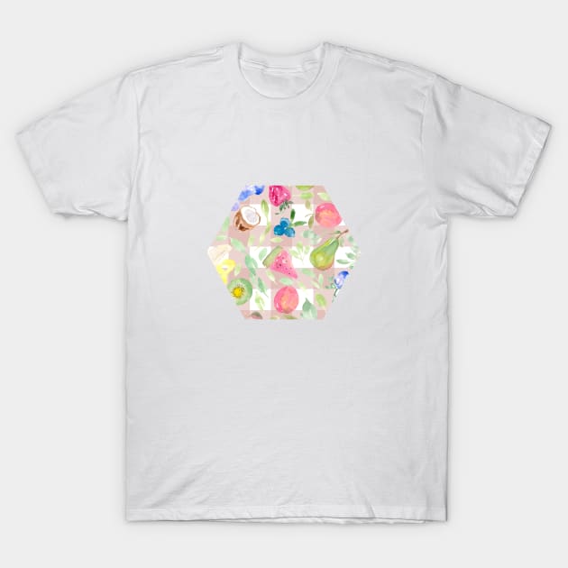 Watercolor Fruit on Blush Pink Gingham T-Shirt by Harpleydesign